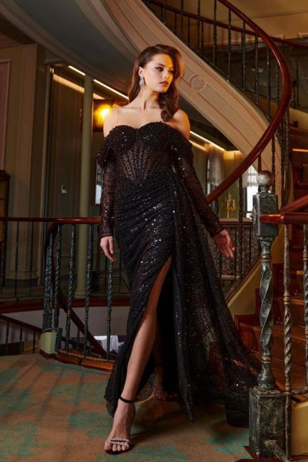  Black Front Split Strapless Unique Prom Dresses with Beadings - Prom Dresses - DYAVOR® 