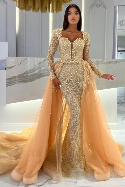  Champagne Mermaid Long Sleeves Sweetheart Prom Dress with Tulle Overskirt - Prom Dresses - DYAVOR® 