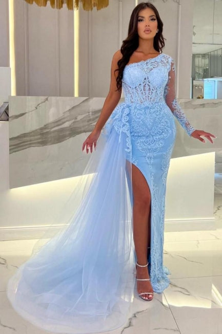  Column Floor-Length Split Front Sky Blue Tulle One Shoulder Long Sleeve Prom Dresses with Lace - Prom Dresses - DYAVOR® 