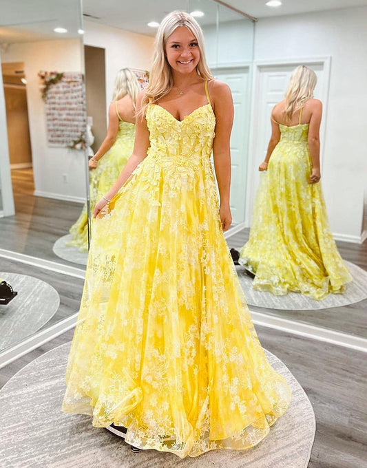  Ellis | Cute Yellow A-Line Spaghetti Straps Long Prom Dress With Appliques - Prom Dress - DYAVOR® 