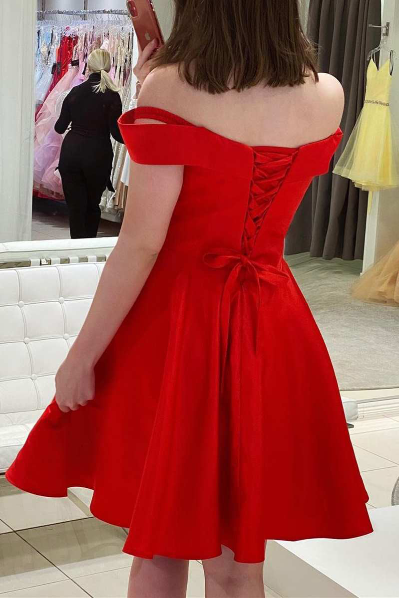  Uma |Red Off The Shoulder A Line Satin Homecoming Dress - Homecoming Dress - DYAVOR® 