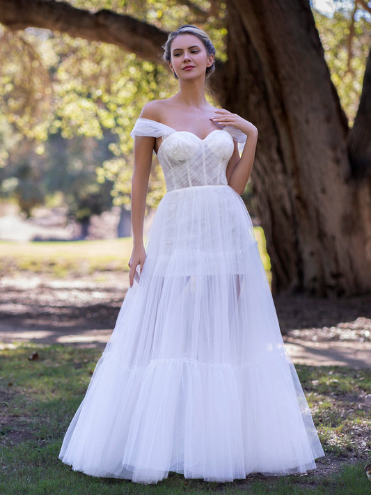  Off Shoulder A-Line Tulle Ivory Prom Dress - Prom Dresses - DYAVOR® 