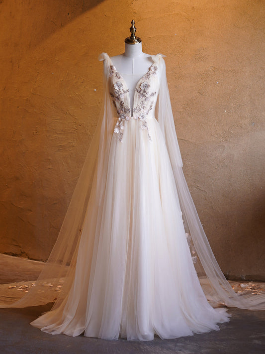  A-line Tulle Embroidery Deep-V Neck Floor-Length Prom Dresses - Prom Dresses - DYAVOR® 