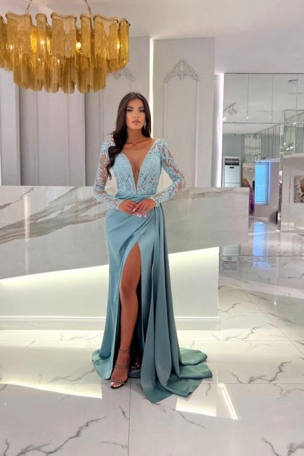  Elegant Column Floor-Length Split Front Long Sleeve V-Neck Stain Prom Dresses with Lace - Prom Dresses - DYAVOR® 