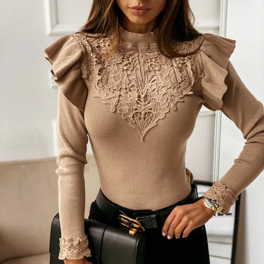 Mina - Women's Sweater with Collar, Ruffles and Lace Details