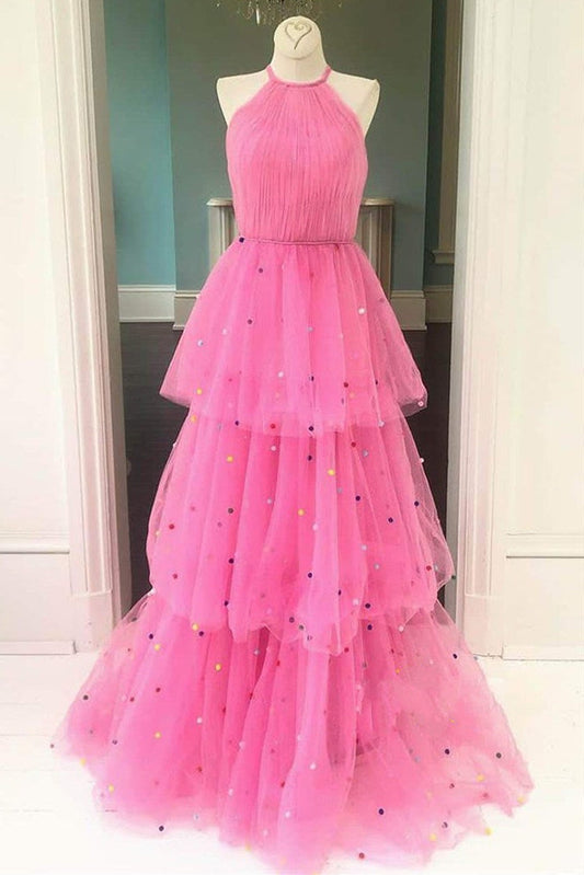  Tessa | Hot Pink A-Line Tulle Prom Dress with Colorful Dots - Prom Dress - DYAVOR® 