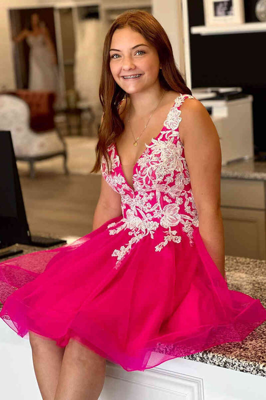  Ophelia |A-line V-Neck Tulle Homecoming Dress with Appliques - Homecoming Dress - DYAVOR® 