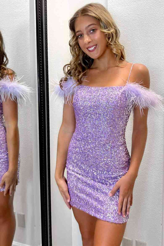  Georgiana |Bodycon Sequins Homecoming Dress with Feathers - Homecoming Dress - DYAVOR® 