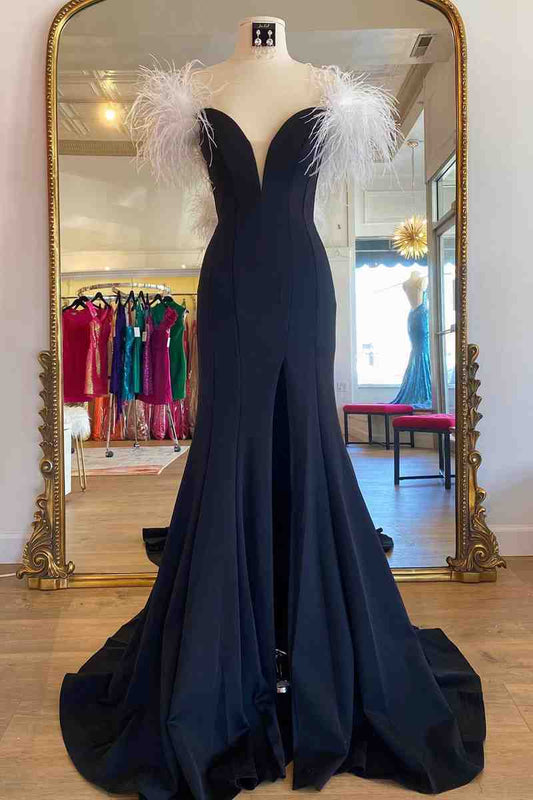  Sophia | Long Black High Slit Prom Dress with White Feather - Prom Dress - DYAVOR® 