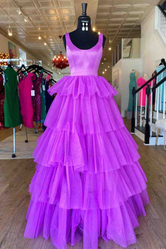  Beth | A-Line Crew Neck Lilac Tiered Tulle Long Formal Dress - Prom Dress - DYAVOR® 