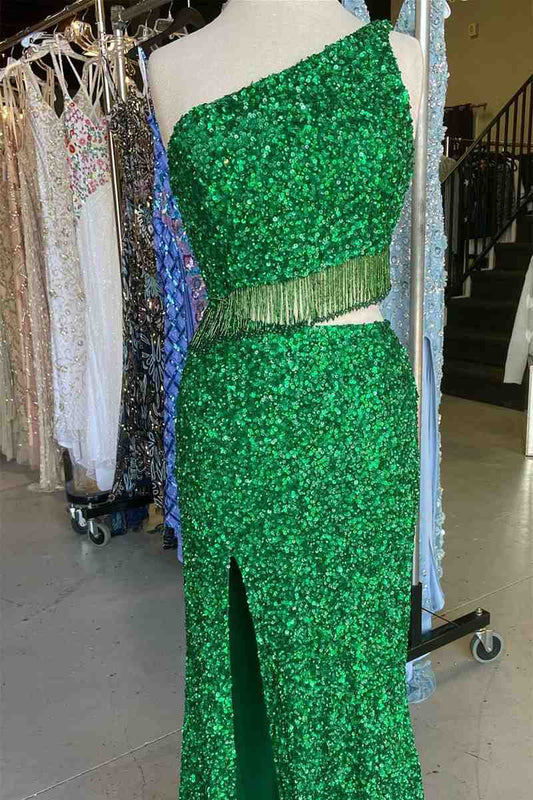  Eileen | Green Two Piece Sequined One Shoulder Long Party Dress with Tassel - Prom Dress - DYAVOR® 