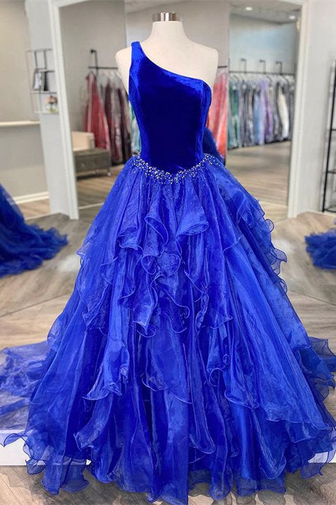  Belinda | Ruffle One Shoulder Royal Blue Velvet Top Long Formal Dress - Prom Dress - DYAVOR® 