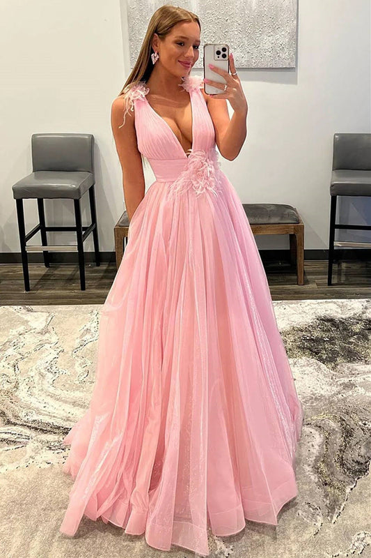  Feathers Backlesss Pink Plunging V-Neck Tulle Long Formal Dress - prom dress - DYAVOR® 