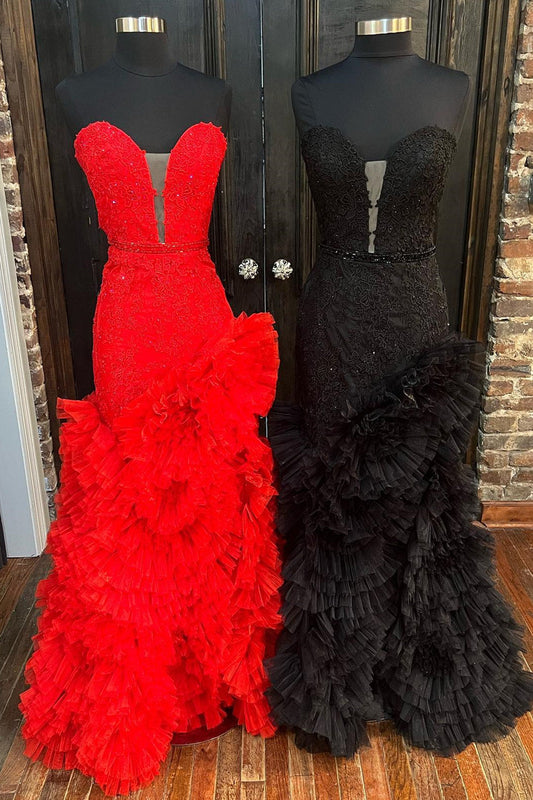  Beverly | Strapless Cut-Out Back Ruffle Layers Mermaid Prom Dress - Prom Dress - DYAVOR® 
