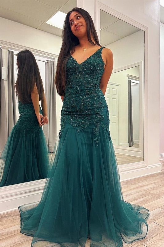  Kali |Peacock Mermaid V-Neck Appliques Tulle Long Prom Dress - prom dress - DYAVOR® 