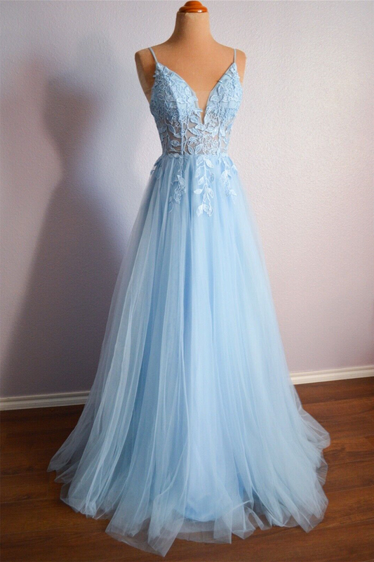  Cynthia | Light Blue V Neck Lace-Up Appliques Tulle Long Prom Dress - Prom Dress - DYAVOR® 