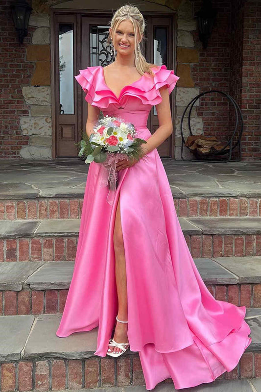  Betsy | Hot Pink V-Neck Ruffle A-Line Long Prom Dress - Prom Dress - DYAVOR® 