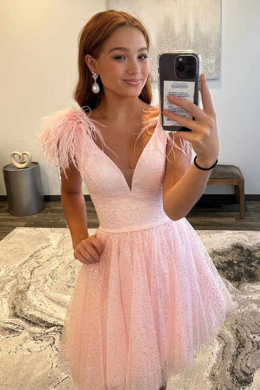  Catherine |A-line Deep V Neck Tulle Homecoming Dress with Feathers - Homecoming Dress - DYAVOR® 