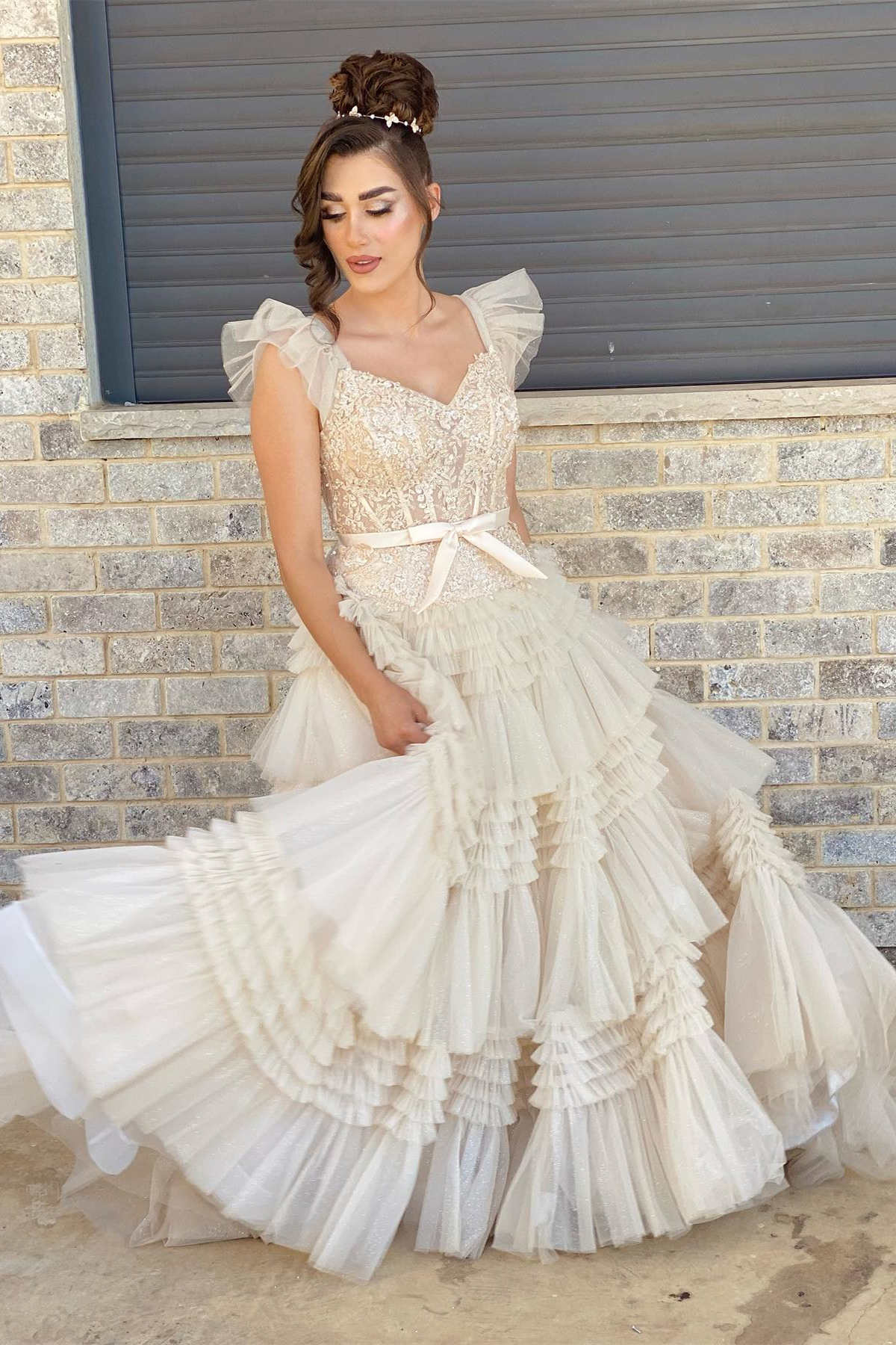  Whitney | V-Neck Ivory Appliques Tiered Tulle Prom Dress with Flying Sleeves - Prom Dress - DYAVOR® 