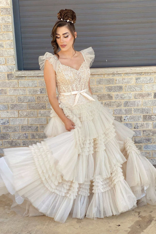  Whitney | V-Neck Ivory Appliques Tiered Tulle Prom Dress with Flying Sleeves - Prom Dress - DYAVOR® 