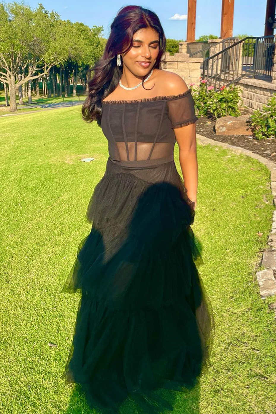  Wilma | Off the Shoulder Black Tiered Tulle Lond Prom Dress - Prom Dress - DYAVOR® 