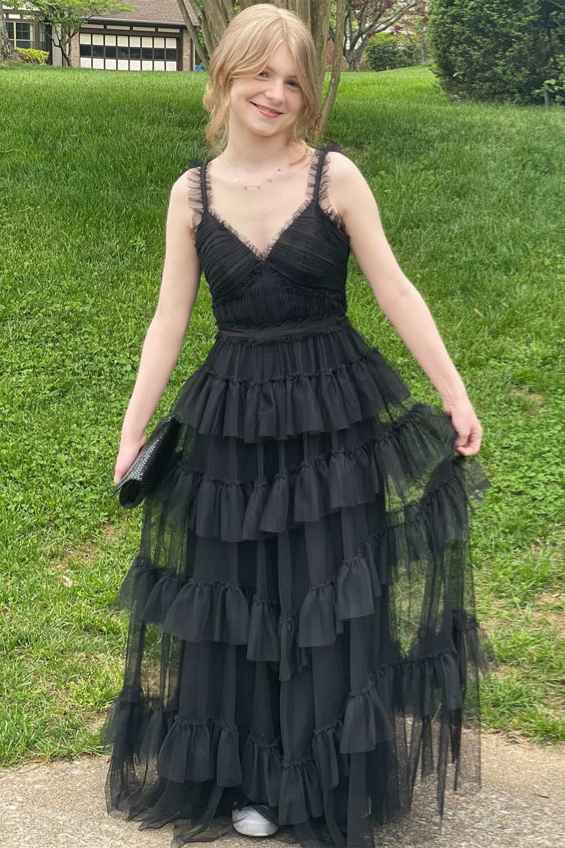  Yasmine | V-Neck Black Layered Tulle A-Line Prom Dress - Prom Dress - DYAVOR® 