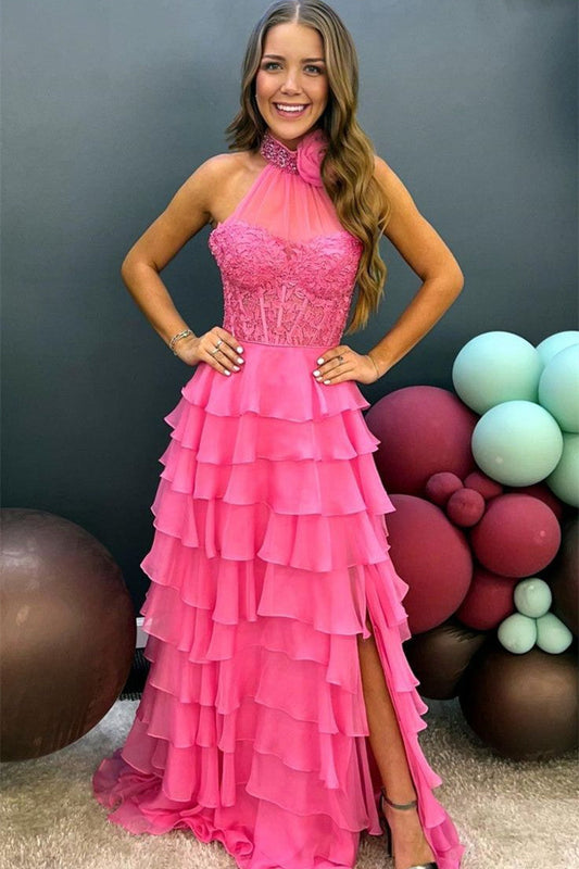  Emerie |A line High Neck Tiered Chiffon Prom Dress with 3D Flower - Prom Dress - DYAVOR® 