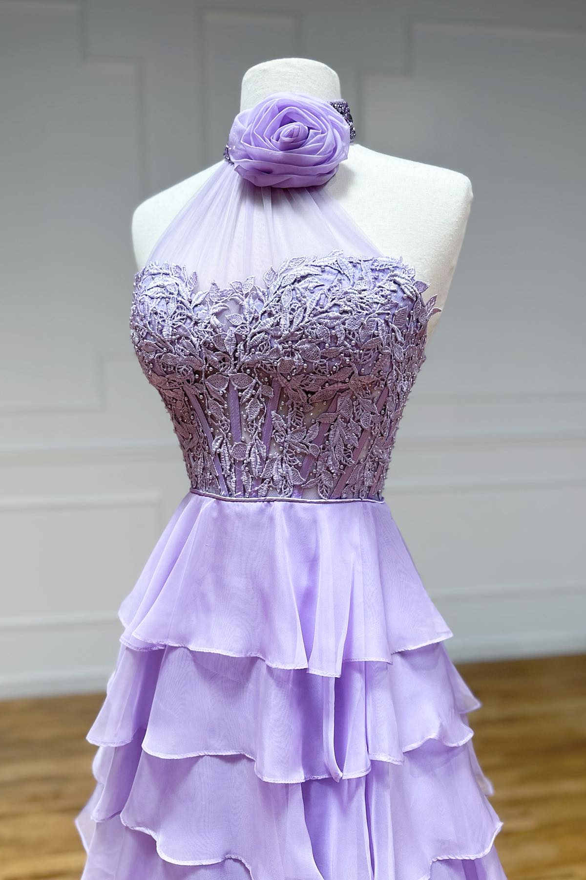  Emerie |A line High Neck Tiered Chiffon Prom Dress with 3D Flower - Prom Dress - DYAVOR® 