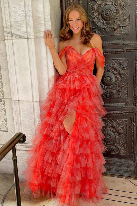  Bettie | Off the Shoulder Coral Print Tiered Long Prom Dress - Prom Dress - DYAVOR® 