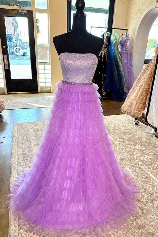  Yvonne | A-Line Strapless Lilac Layered Long Prom Dress with Rhinestones - Prom Dress - DYAVOR® 