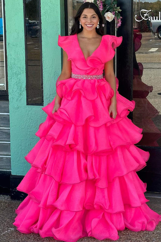  Zoey | Hot Pink V-Neck Ruffle Tiered Long Prom Dress with Beaded Waist - Prom Dress - DYAVOR® 