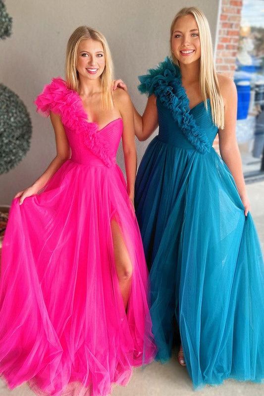  Delaney |A-Line One Shoulder Long Tulle Prom Dress with Ruffles - Prom Dress - DYAVOR® 