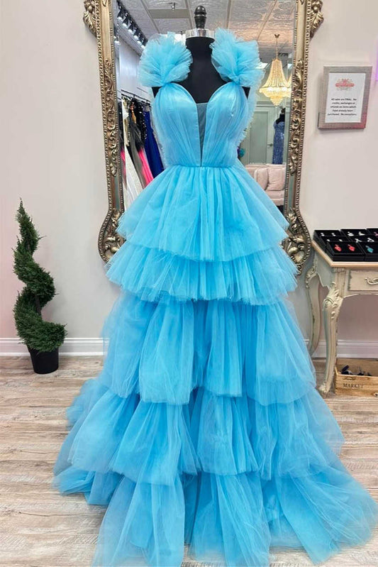  Bernice | Light Blue Ruffle Straps A-Line Tiered Prom Dress - Prom Dress - DYAVOR® 