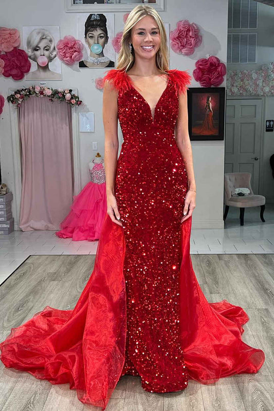  Lilianna | V-Neck Red Sequin Feathers Long Prom Dress with Cape - Prom Dress - DYAVOR® 