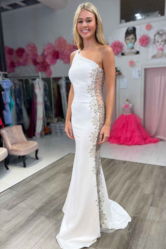  Robin | Mermaid White One Shoulder Beaded Long Formal Dress - Prom Dress - DYAVOR® 