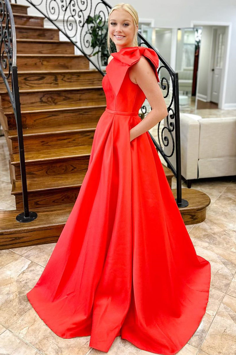  Aliya | Red One Shoulder Bow Tie Satin Prom Dress with Pockets - Prom Dress - DYAVOR® 