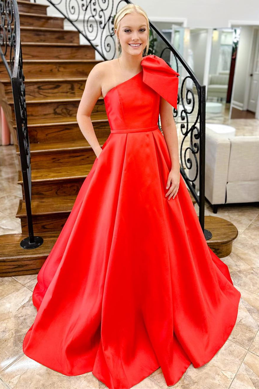  Aliya | Red One Shoulder Bow Tie Satin Prom Dress with Pockets - Prom Dress - DYAVOR® 