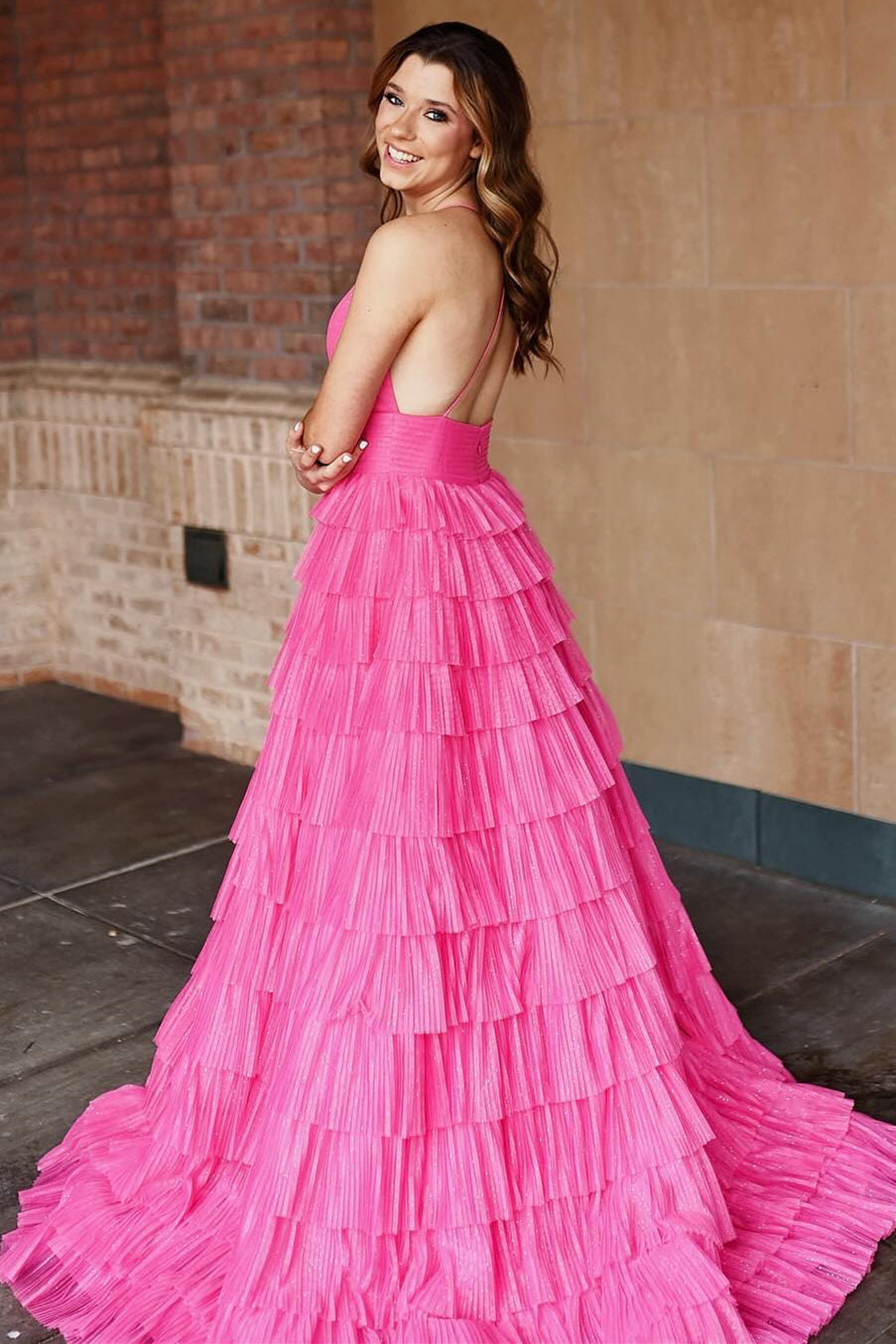  Zhuri | Pleated Magenta Straps Ruffle Layered Formal Dress - Prom Dress - DYAVOR® 