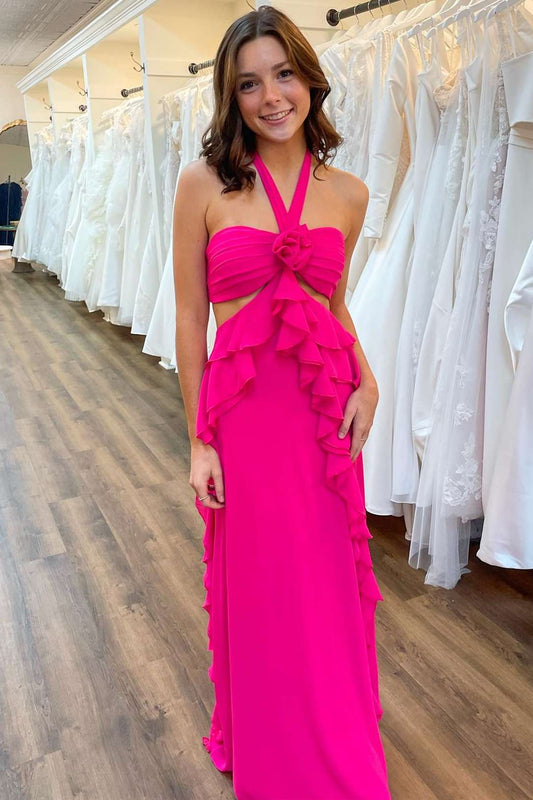  Siena | Halter Magenta Cut Out Ruffle Long Formal Dress - Prom Dresses - DYAVOR® 
