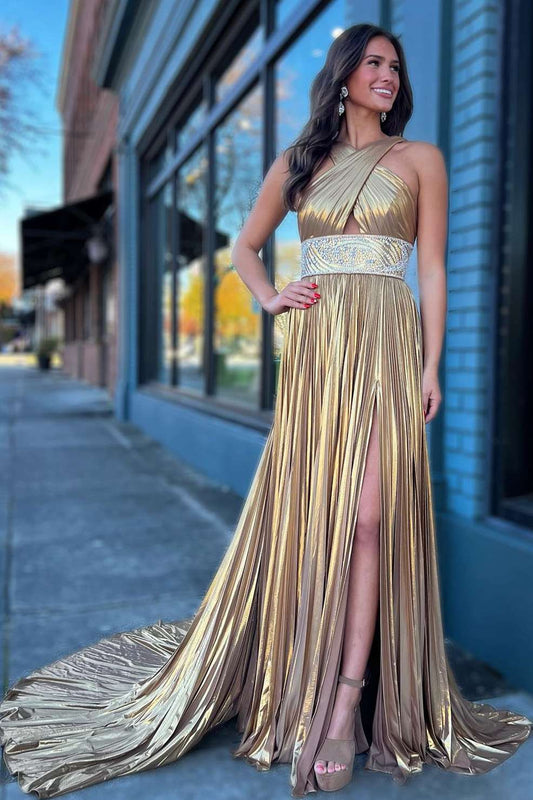  Macy | Pleated Criss Cross Straps Metallic Long Prom Dress - Prom Dresses - DYAVOR® 