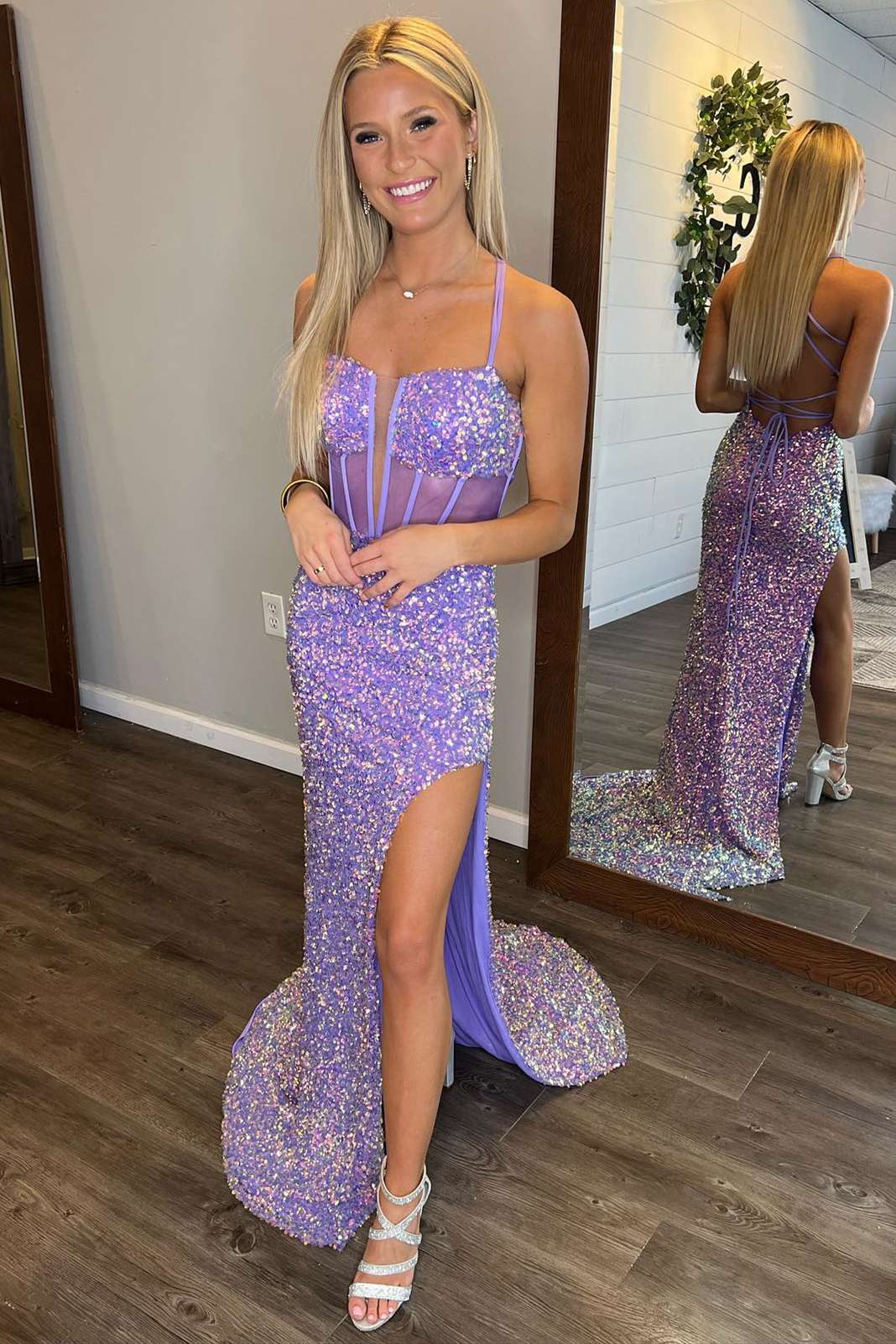  Estelle | Plunging Neck Straps Lavender Sequin Prom Dress - Prom Dresses - DYAVOR® 