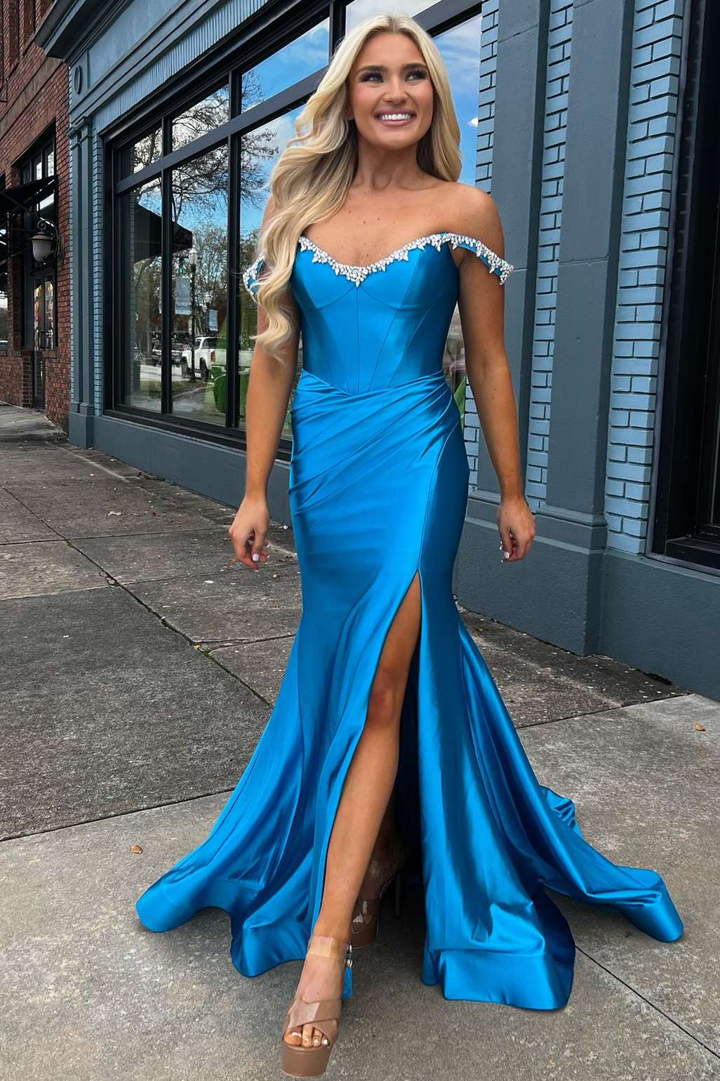  Bellamy | Off the Shoulder Beaded Blue Mermaid Prom Dress with Slit - Prom Dresses - DYAVOR® 