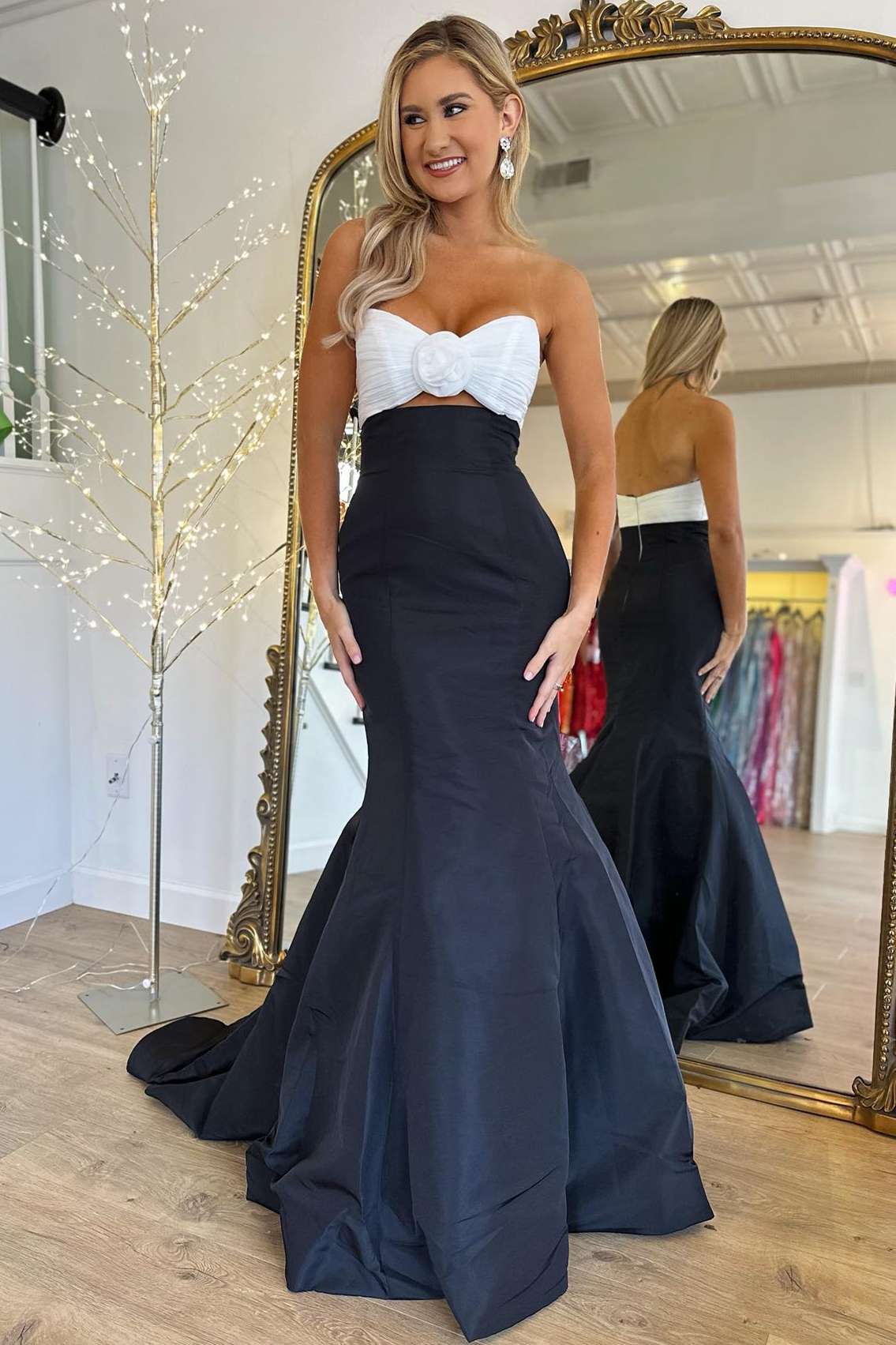  Julie | Strapless White and Black Ruched Mermaid Prom Dress - Prom Dresses - DYAVOR® 