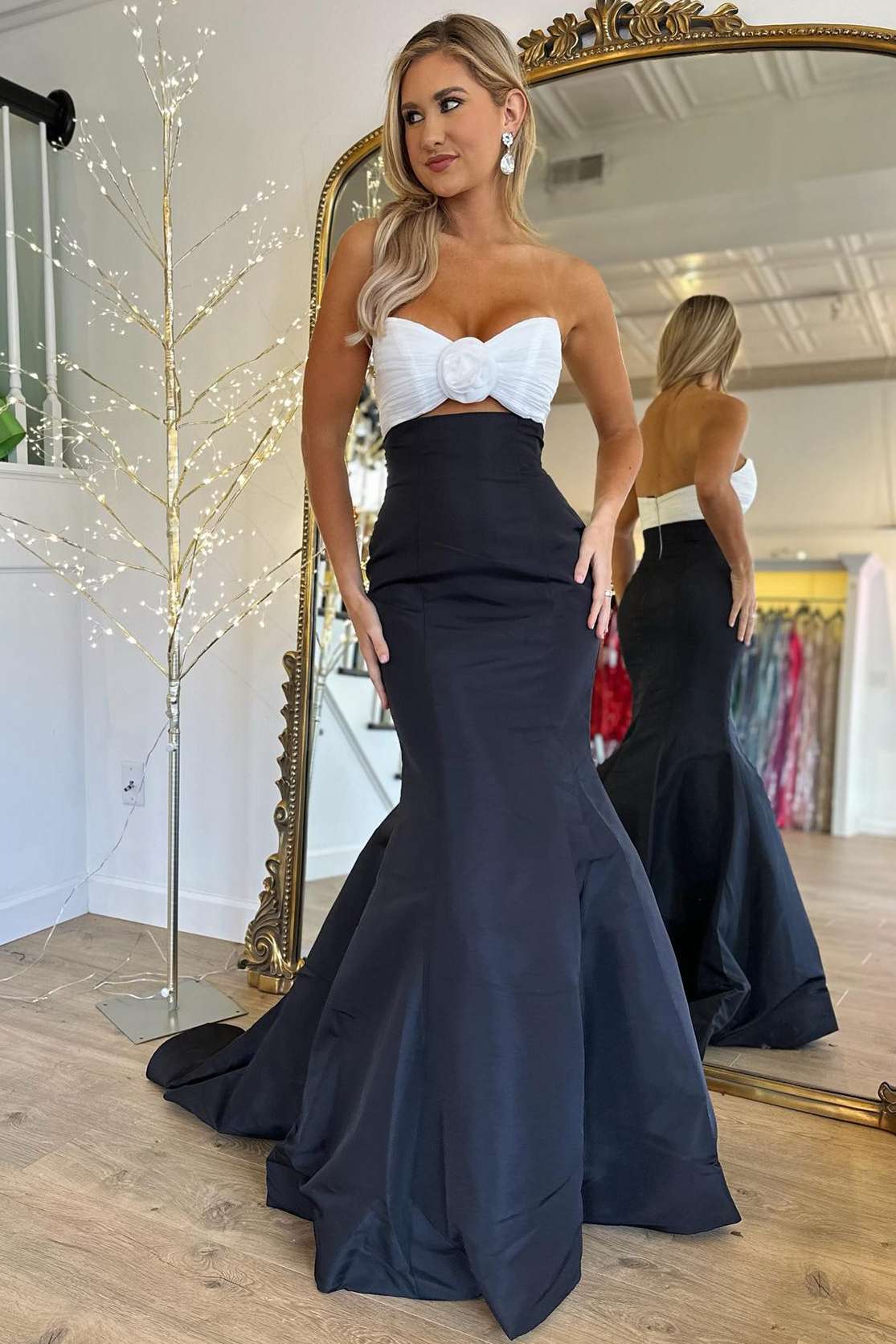  Julie | Strapless White and Black Ruched Mermaid Prom Dress - Prom Dresses - DYAVOR® 