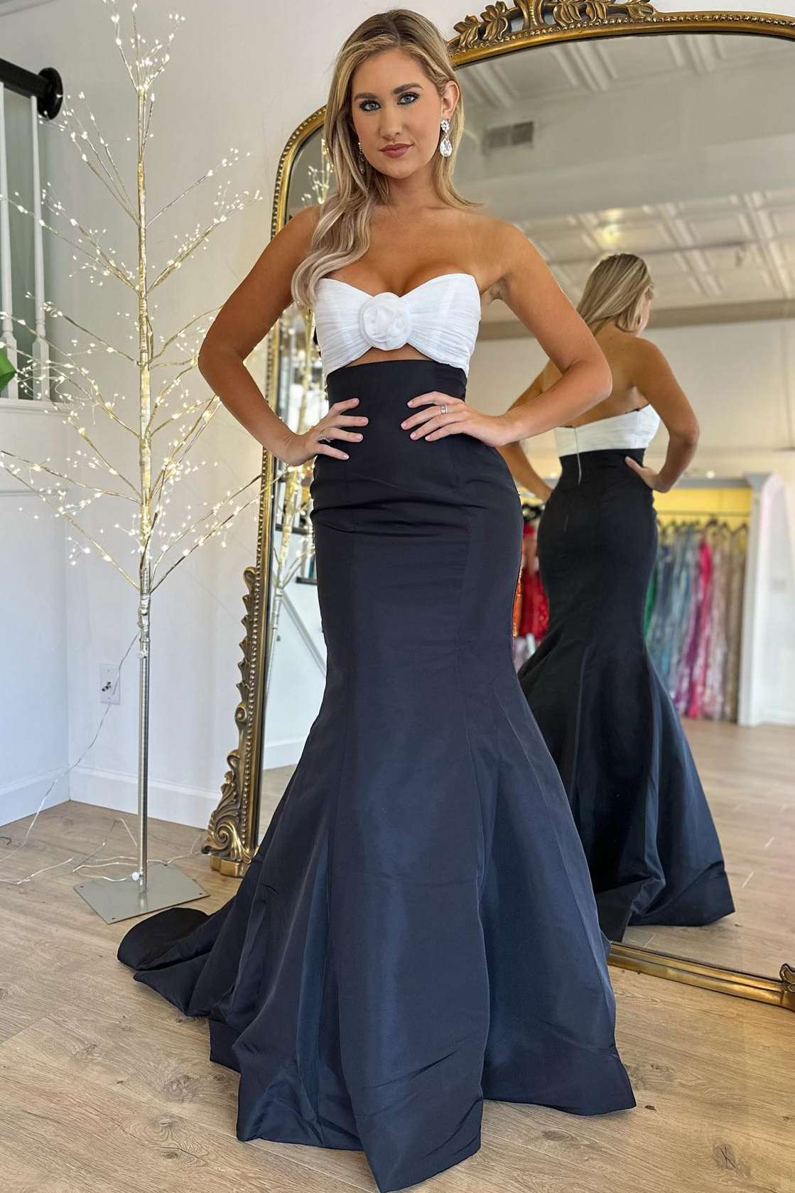  Julie | Strapless White and Black Ruched Mermaid Prom Dress - Prom Dresses - DYAVOR® 