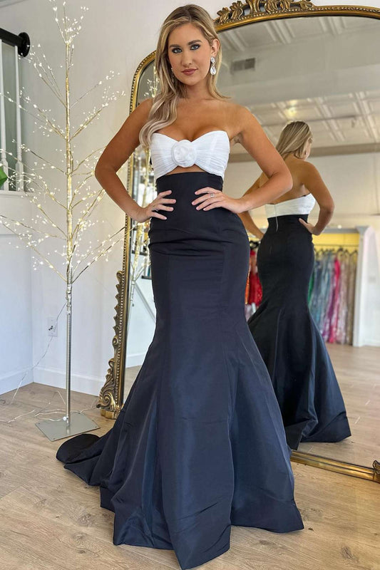 Julie | Strapless White and Black Ruched Mermaid Prom Dress