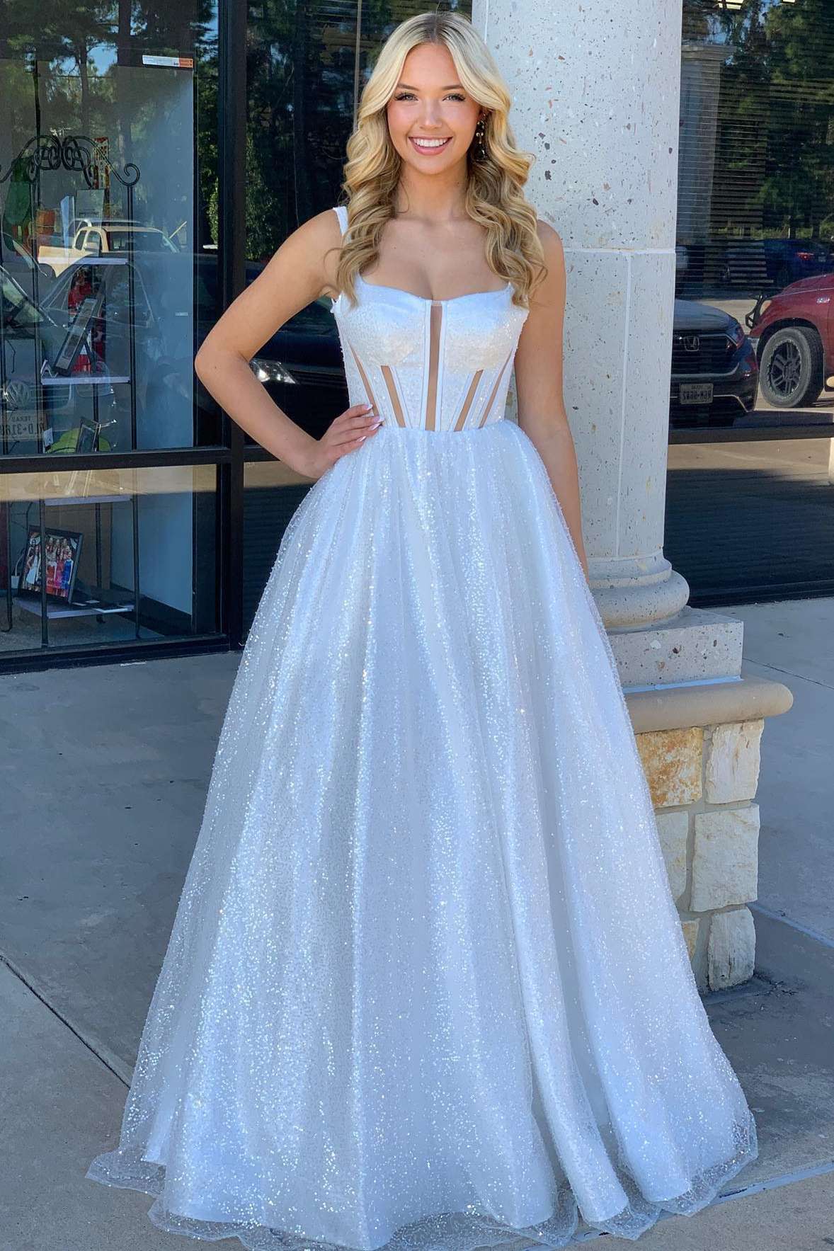  Priscilla | Square Neck White Sequin A-Line Prom Dress - Prom Dresses - DYAVOR® 