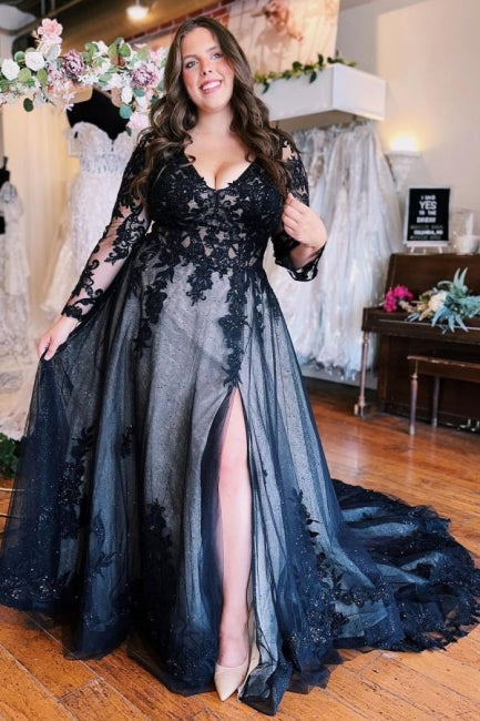  Floor-Length A-Line Split Front Long Sleeves V-Neck Prom Dresses with Appliques - Prom Dresses - DYAVOR® 