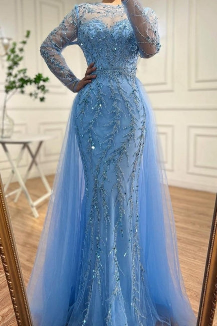  Floor-Length Mermaid Tulle Long Sleeves Beadings Ocean Blue Prom Dresses with Appliques - Prom Dresses - DYAVOR® 