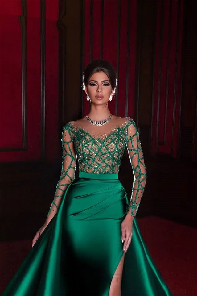  Gorgeous Long Emerald Beading Lace Split Prom dress With Long Sleeves - Prom Dresses - DYAVOR® 